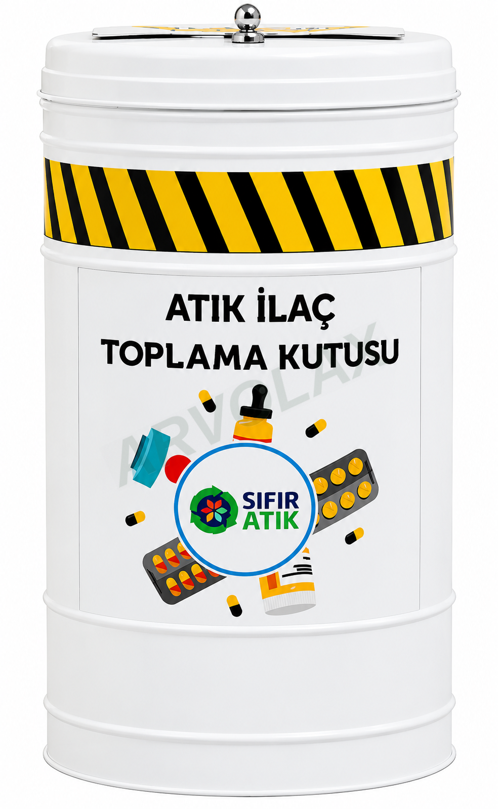 Atık İlaç Toplama Kutusu – Beyaz silindirik, sarı siyah uyarı bantlı atık ilaç