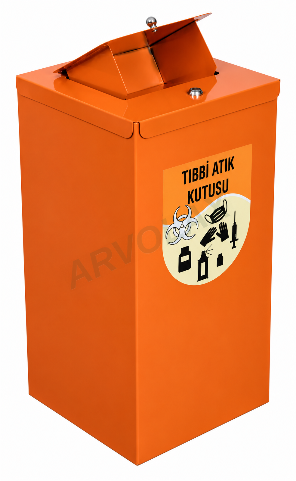 Tıbbi Atık Kutusu – 30 × 30 × 60 cm – Turuncu, kilitli kapaklı