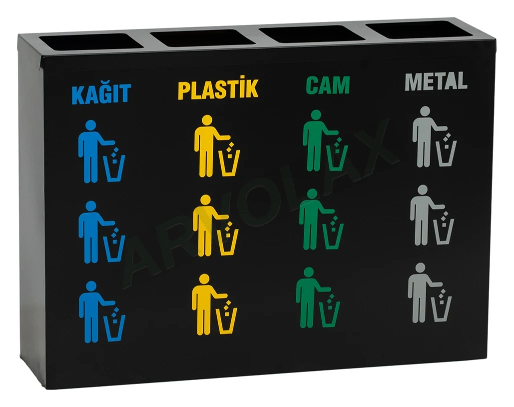 4 Bölmeli Sıfır Atık Ünitesi – 27 × 97 × 70 cm; iç kova 40 L/adet – Siyah yatay gövdeli, renkli atık yazılı