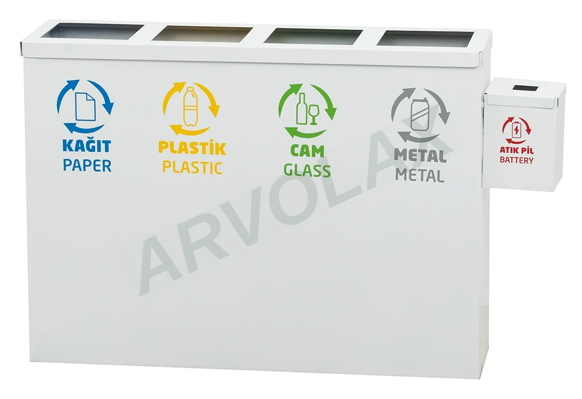 4 Bölmeli Sıfır Atık Ünitesi – 27 × 97 × 70 cm; iç kova 40 L/adet – Beyaz yatay gövdeli, yan pil hazneli