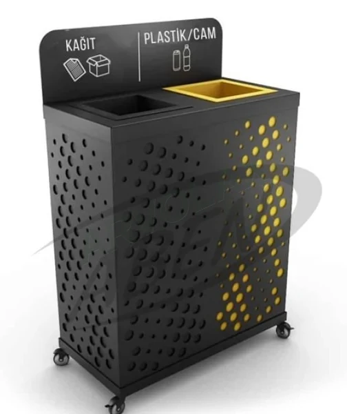 2 Bölmeli Sıfır Atık Ünitesi – 30 × 90 × 70 cm; iç kova 45 L/adet – Siyah perfore gövdeli, arka panolu
