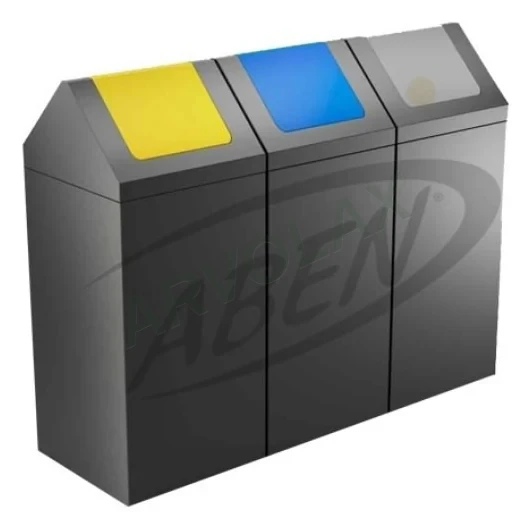 3 Bölmeli Sıfır Atık Ünitesi – Hazne 30 × 30 × 60 cm (kapak hariç); 54 L/hazne – Çatı kapaklı, antrasit gövdeli, üç renkli
