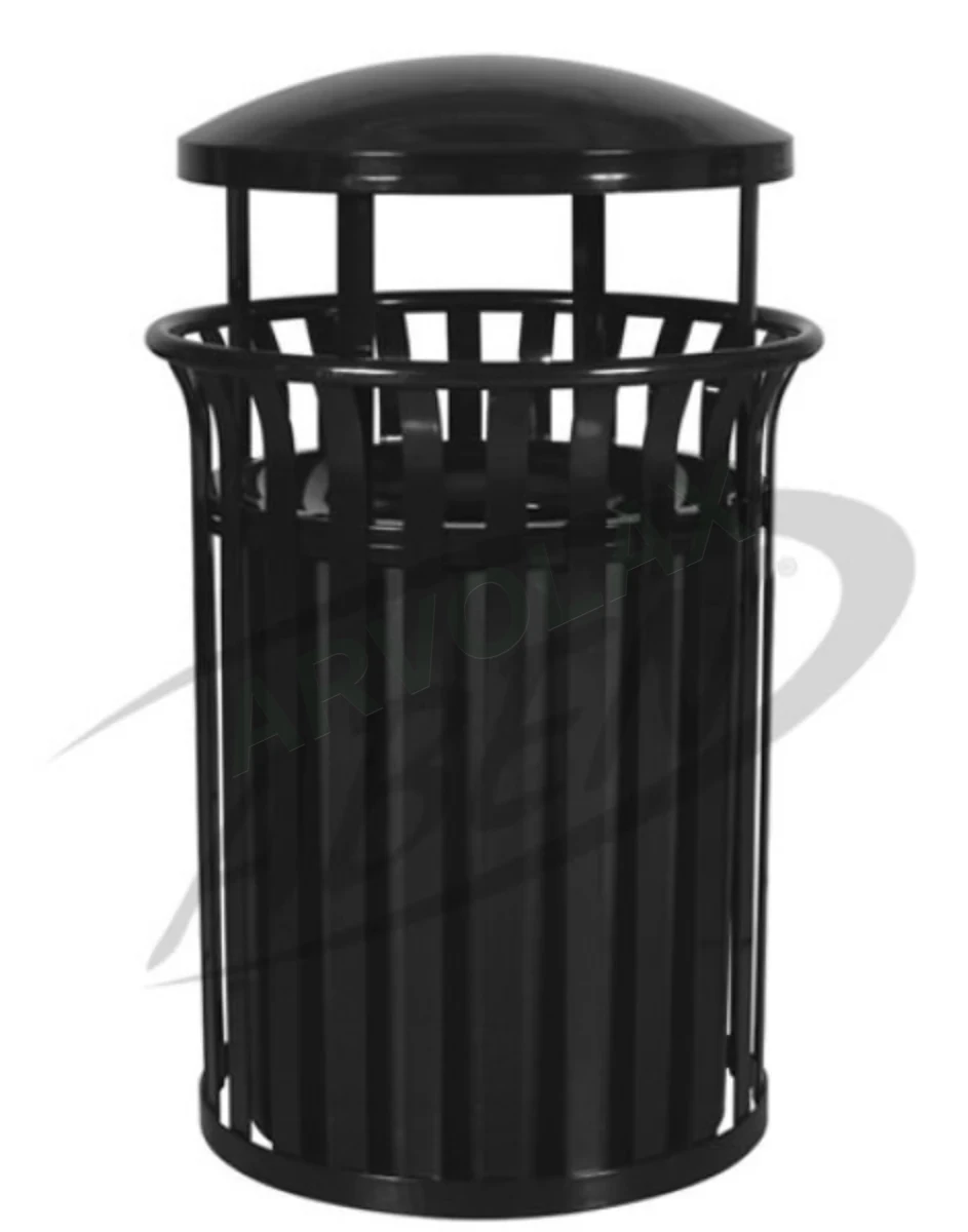 Dış Mekân Çöp Kutusu – Ø 50 cm, yükseklik 90 cm – Çift destekli kubbe çatılı, dikey çıtalı