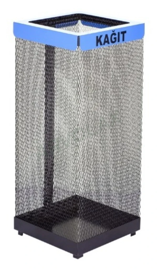 Dış Mekan Çöp Kutusu – 35 × 35 × 70 cm – Tel örgü gövdeli, mavi üst çerçeveli