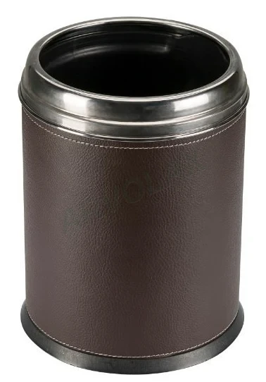 Deri Kaplı Çöp Kutusu – Ø 21 cm, yükseklik 28 cm; 5 L – Kahverengi silindirik, paslanmaz çemberli