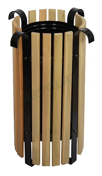 Ahşap Kaplamalı Çöp Kutusu – Üst Ø 38 cm, yükseklik 70 cm – Ahşap çıtalı, yuvarlak, dekoratif kulplu