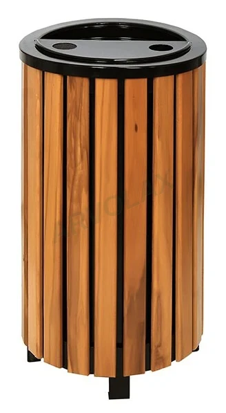 Ahşap Kaplamalı Çöp Kutusu – Üst Ø 38 cm, yükseklik 70 cm – Ahşap çıtalı, üst küllüklü yuvarlak