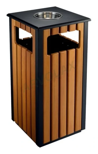 Ahşap Kaplamalı Çöp Kutusu – 40 × 40 × 85 cm – Ahşap çıtalı, dört yandan girişli kare