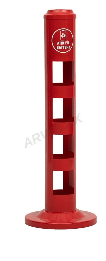 Atık Pil Kutusu – Ø 10 cm, yükseklik 70 cm – Kırmızı dar dikey, pencereli