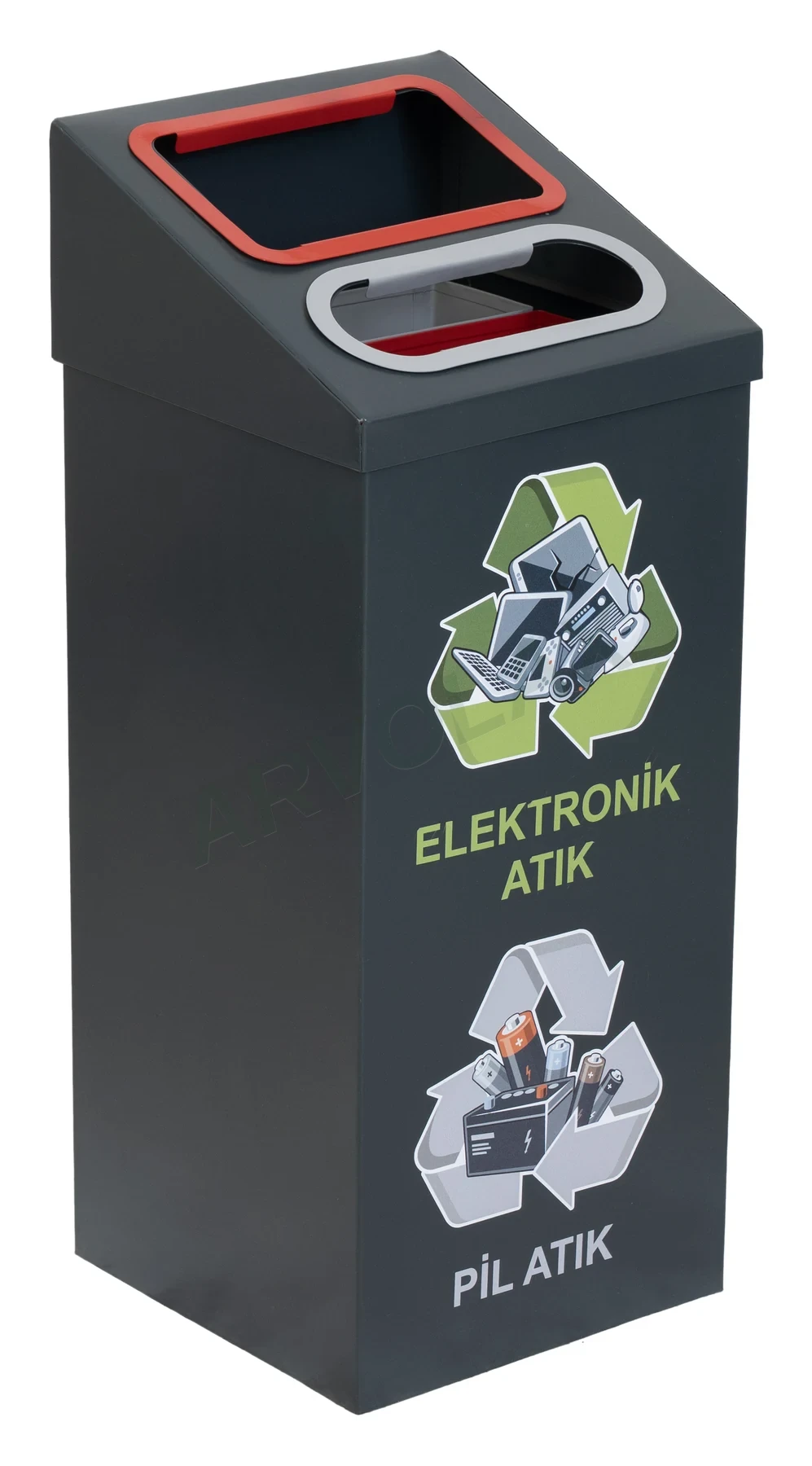 Elektronik Atık Kutusu – Gövde 30 × 30 × 60 cm; üst kapak 14 cm – Siyah dikdörtgen, çift üst girişli elektronik atık