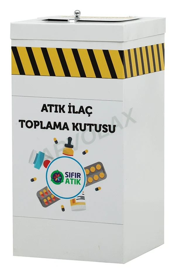 Atık İlaç Toplama Kutusu – Beyaz kare gövdeli, sarı siyah uyarı bantlı atık ilaç